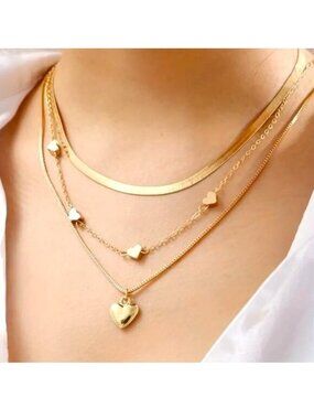 Necklace Heart Triple Layered Choker Love Gold Glam Herringbone Trendy Stylish